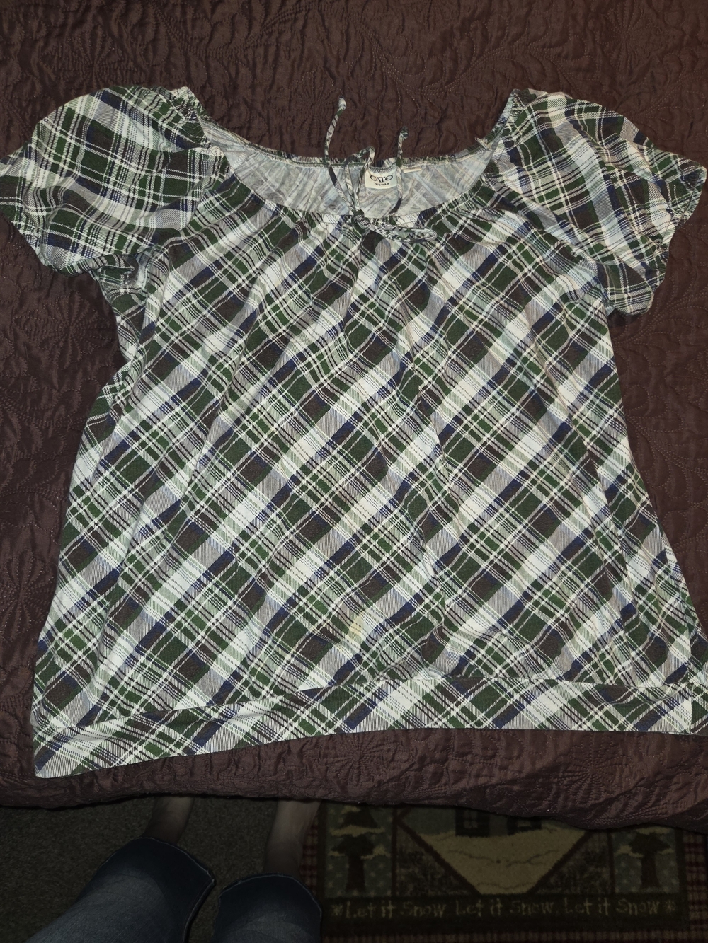 Cato Plaid Peasant Top in Green, White, Black